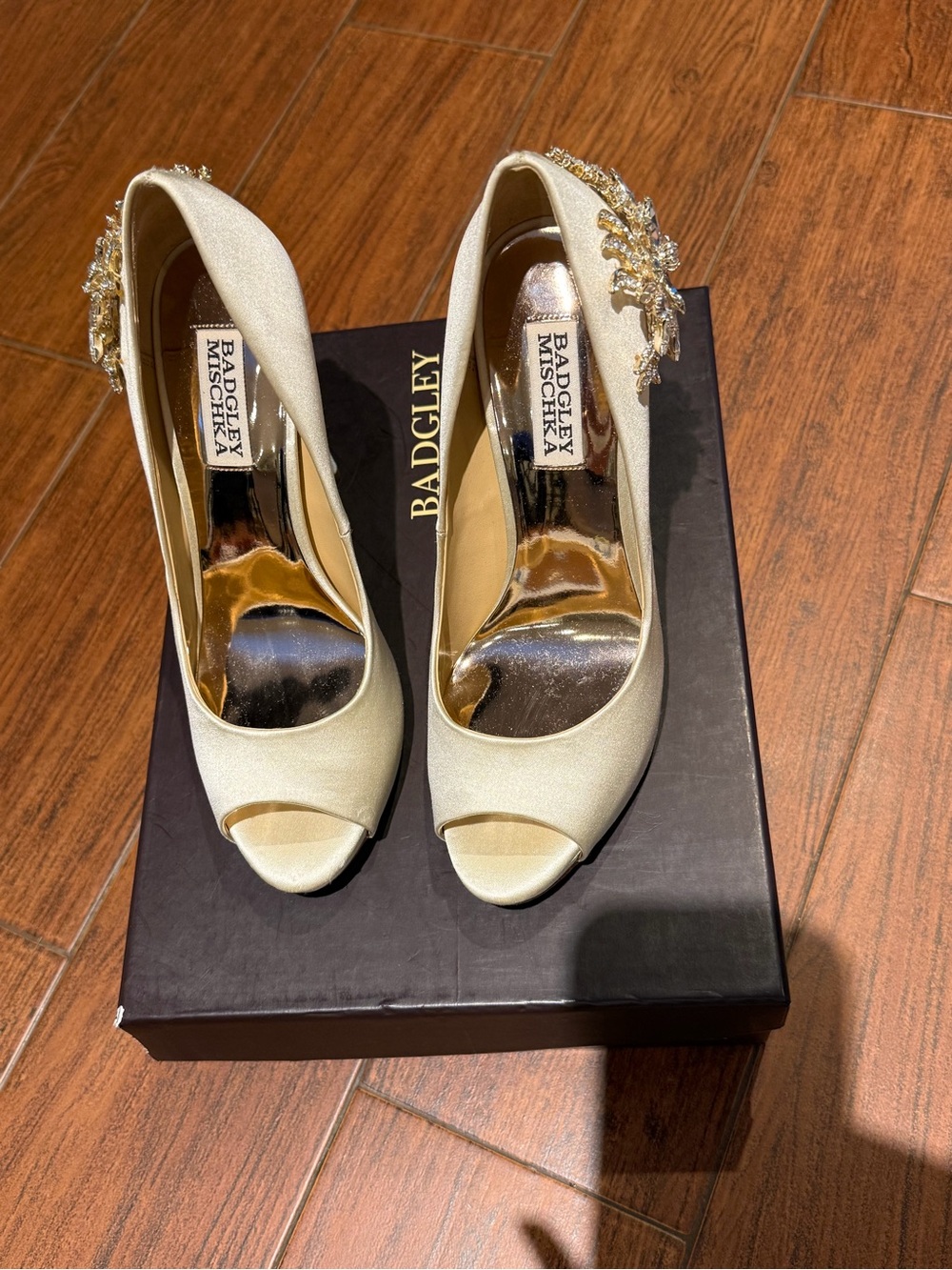 Badgley Mischka Champagne Satin Peep-Toe Heels with Crystal Brooch